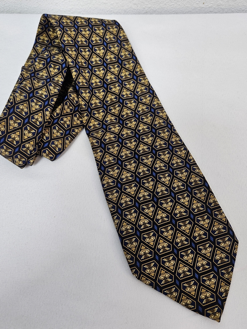 Valentino Silk Blue Gold Geometric Floral Made In Italy Cravatte Tie